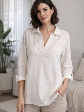 NWT Linda Anderson Embroidered Cotton Blouse Size L | Boho Lined Top White